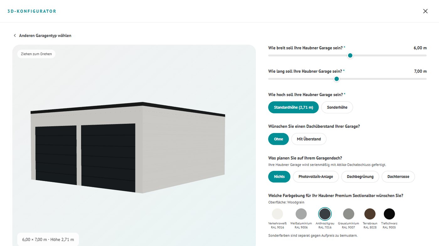 3D-Garagenkonfigurator: Modellansicht links, Optionen für Maße, Dach und Torfarbe rechts